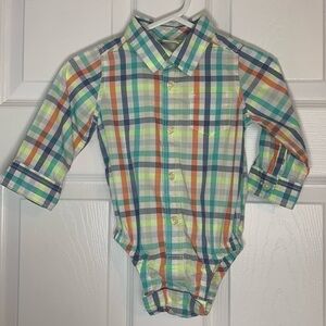 Baby GAP Button Shirt Bodysuit Size 6-12 Months Plaid Blue Orange Turquoise